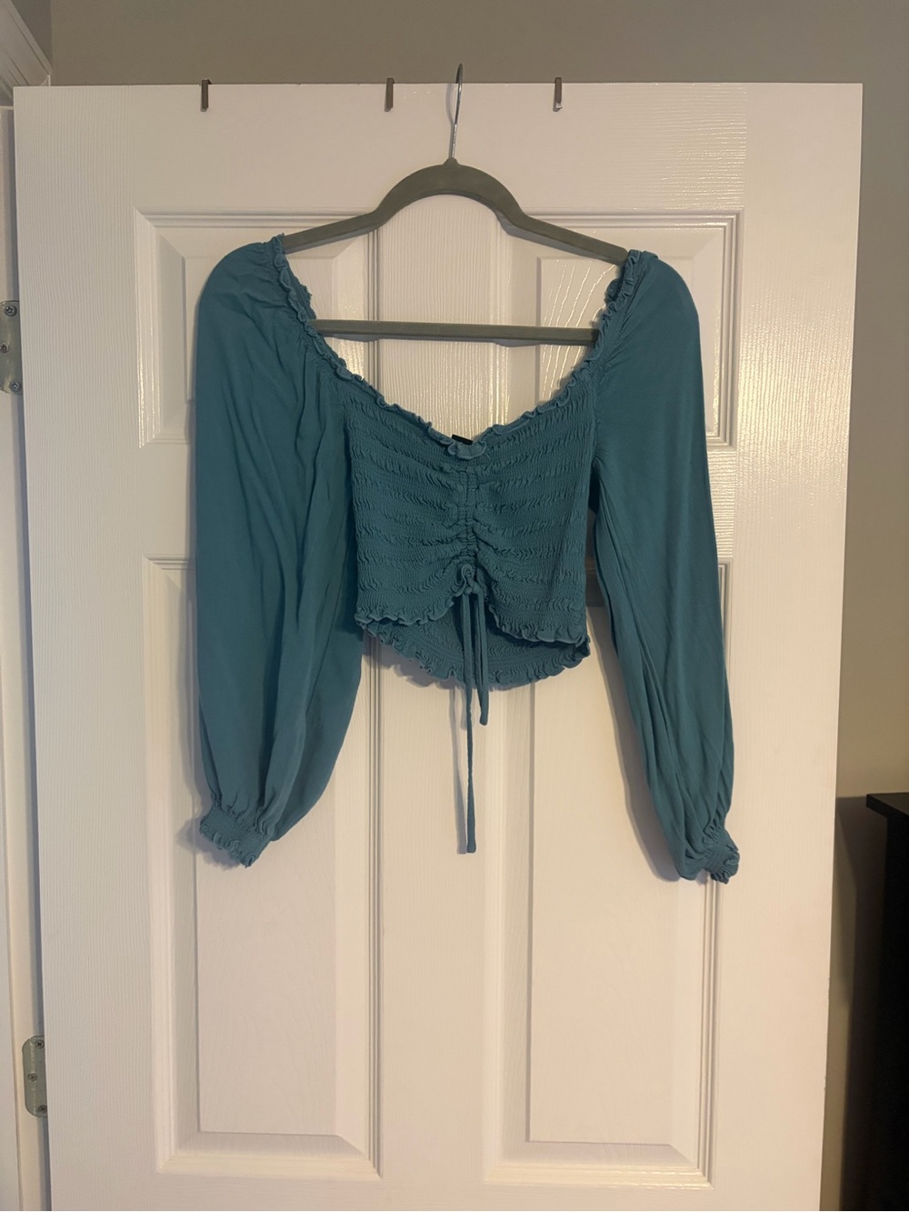 Forever 21 Teal Smocked Long-Sleeve Crop Top